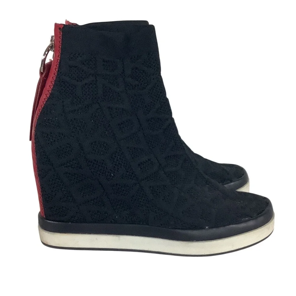 DKNY Black Knit Logo Wedge Sneakers High Top Zip Back Red Accents Platform Boots